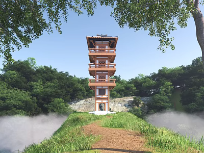 Traditional Multi Floor Pagoda On Hillside With Green Trees Grassland Path And Mist 3d model