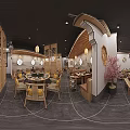 Traditional Chinese Restaurant Interior With Wooden Tables Lamps And Decorative Panels