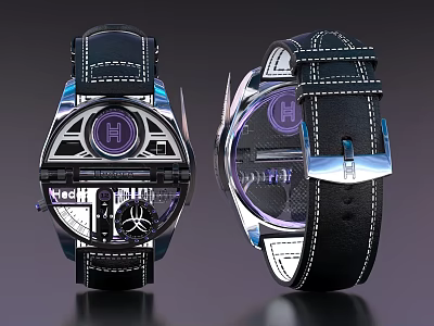 Modern Mechanical Watches With Black Leather Straps And Purple Dials 3d model