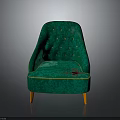 Stylish Green Velvet Armchair With Gold Button Tufted Design And Orange Wooden Legs