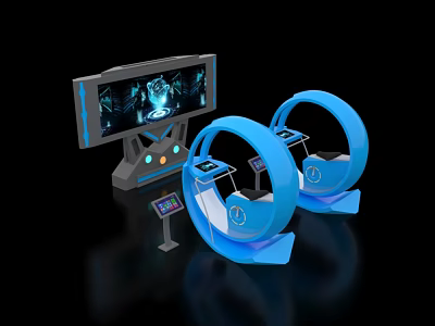 Smart Machines Featuring Blue Circular Seats Large Display Screens And Control Panels 3d model