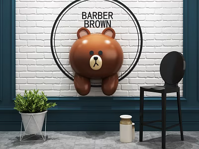 Brick Wall Background with Brown Bear Decoration BARBER BROWN Sign Black Chair and Green Plant 3d model