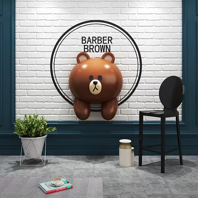 Brick Wall Background with Brown Bear Decoration BARBER BROWN Sign Black Chair and Green Plant 3d model