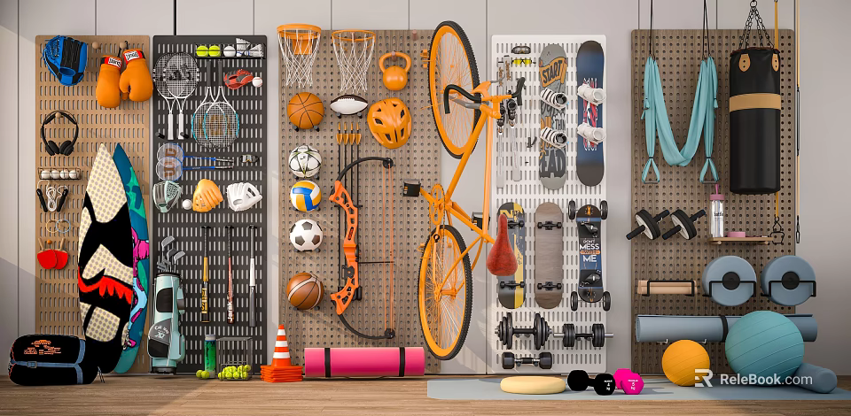 Decorative Sports Equipment Set With Wall Mounted Bikes Basketballs Skateboards And Dumbbells For Home 3d model 