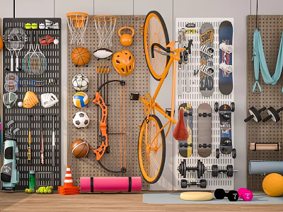 Decorative Sports Equipment Set With Wall Mounted Bikes Basketballs Skateboards And Dumbbells For Home 3d model