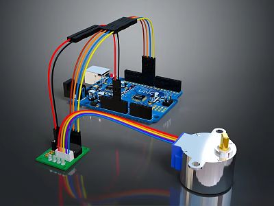 Colorful Wired Electronic Components With Integrated Circuit Board And Motor Actuator 3d model