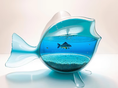 Fish Shaped Transparent Aquarium With Blue Water Sand Substrate And Fish 3d model