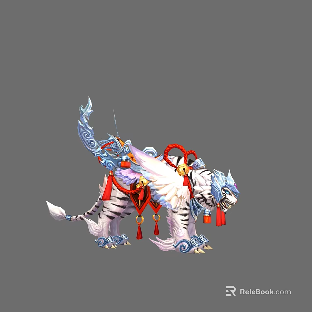 Decorative White Tiger Mount With Feathered Wings Red Ornaments And Blue Accents 3d model 