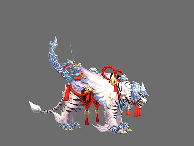 Decorative White Tiger Mount With Feathered Wings Red Ornaments And Blue Accents 3d model