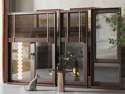 Wooden Casement Windows With Blinds And Glass Panels In Indoor Setting With Fireplace And Plant 3d model