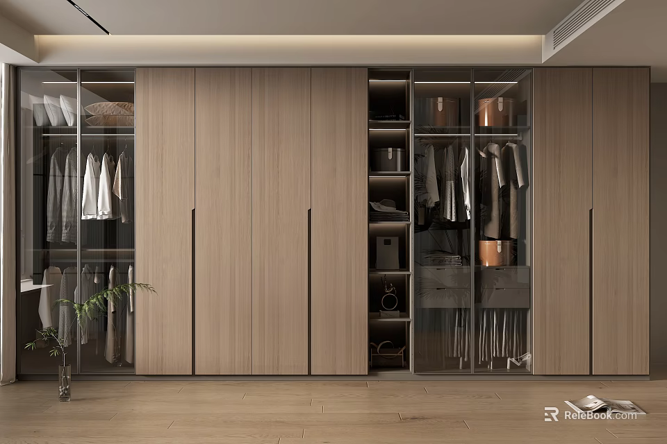 Modern Wooden Wardrobe With Glass Doors Hanging Rails And Storage Drawers 3d model 