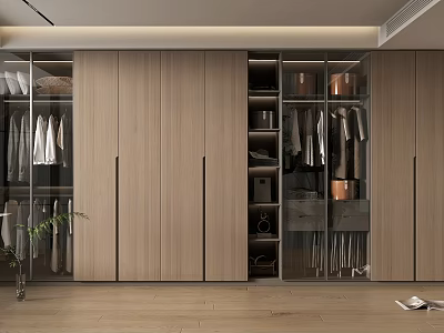 Modern Wooden Wardrobe With Glass Doors Hanging Rails And Storage Drawers 3d model