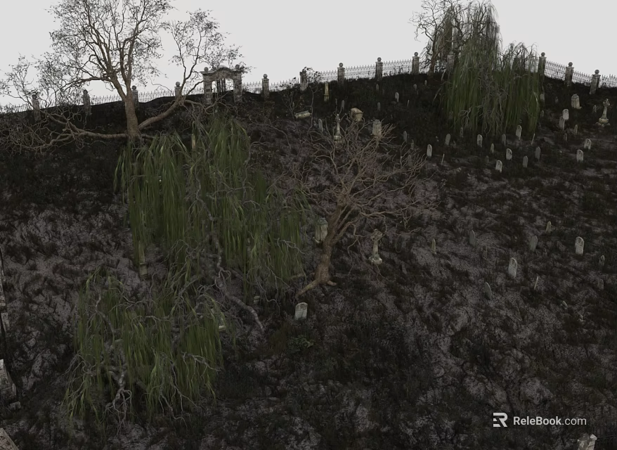 Hillside With Many Tombstones Trees Willow Trees Pavilion And Gray Sky 3d model 