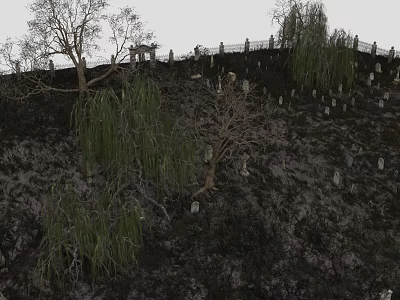 Hillside With Many Tombstones Trees Willow Trees Pavilion And Gray Sky 3d model