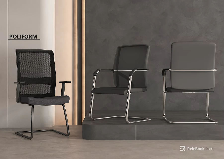 Modern Office Chairs With Mesh Back Upholstered Seats And Armrests In Gray Interior Setting 3d model 