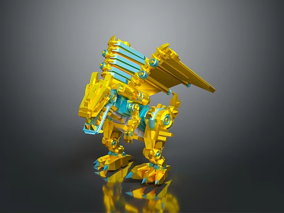 Yellow Blue Mechanical Dragon Toy Constructed With Detailed Building Block Parts 3d model