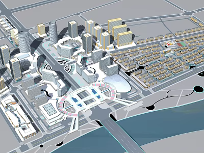 Urban Planning 3D Model Featuring High Rise Buildings Roads And Water Body 3d model