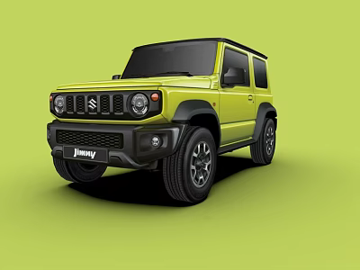 Yellow Suzuki Jimny Compact Off Road Vehicle With Front Grille Headlights And Black Wheels 3d model