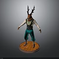 Mythical Deer Character With Antlers In White Shirt And Teal Pants On Hexagon Pattern Base