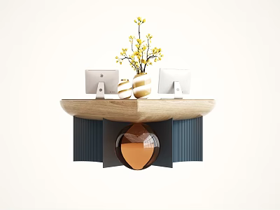 Modern Reception Desk With Wooden Countertop Two Computers And Yellow Decorative Flowers 3d model