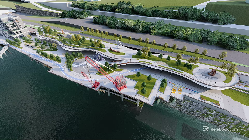 Waterfront Landscape Design With Curved Walkways Lush Greenery And Scenic Water View 3d model 