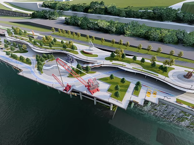 Waterfront Landscape Design With Curved Walkways Lush Greenery And Scenic Water View 3d model