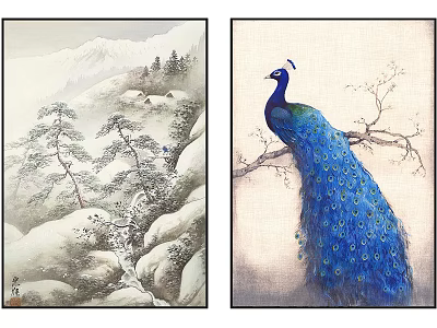 Animal Painting Featuring Blue Peacock On Branch With Mountain Landscape 3d model