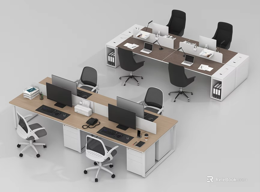 Modern Office Desks Workstation Setup With Computer Monitors Office Chairs And Storage Cabinets 3d model