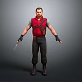 3D Human Male Character In Red Vest Standing With Black Pants Boots And Knife