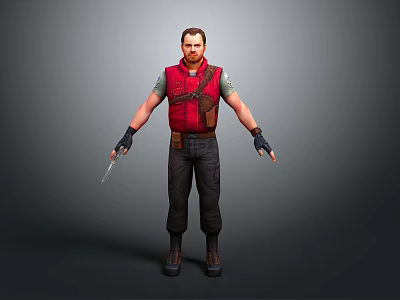 3D Human Male Character In Red Vest Standing With Black Pants Boots And Knife 3d model