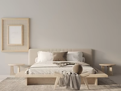 Minimalist Double Bed with Light Wood Headboard Soft Pillows and Side Tables in Neutral Bedroom 3d model