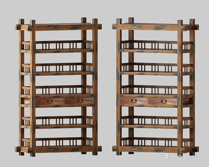 Pair of Traditional Wooden Antique Display Shelves With Multiple Tiers And Drawers 3d model 