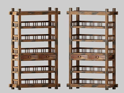 Pair of Traditional Wooden Antique Display Shelves With Multiple Tiers And Drawers 3d model