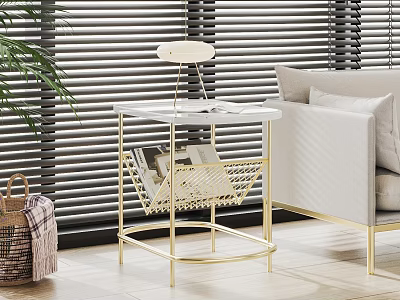 Modern Living Room Side Table With Gold Frame Marble Top And Basket Shelf Design 3d model