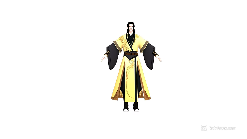Man Wearing Yellow And Black Traditional Robe With Long Sleeves And Black Belt 3d model 