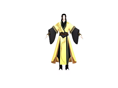 Man Wearing Yellow And Black Traditional Robe With Long Sleeves And Black Belt 3d model