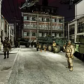 Military Soldiers On Urban Street With Buildings Helicopter Red Sky And GARAGE Sign