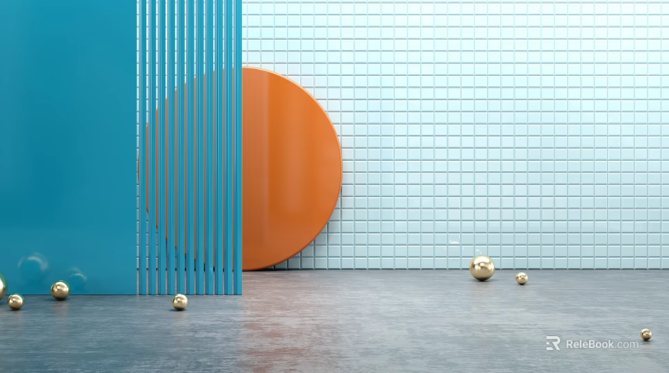 Light Blue Grid Background Wall With Orange Circular Decoration Blue Vertical Screen And Golden Spheres 3d model 