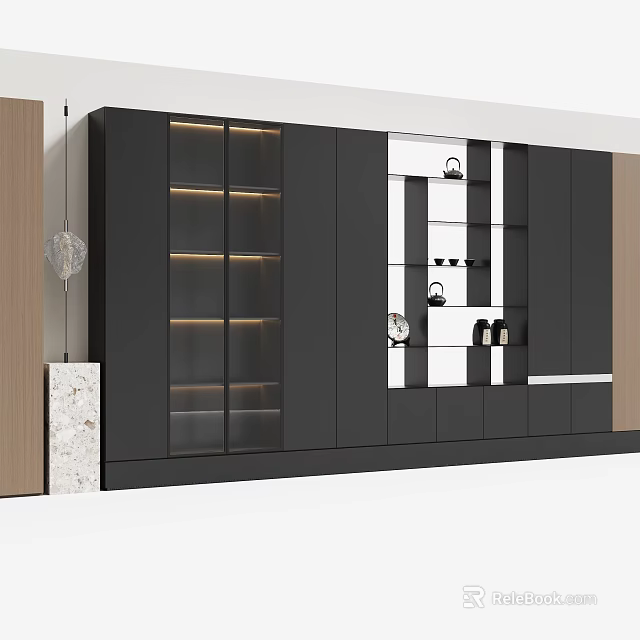 Modern Decorative Cabinet With Black And White Glass Doors And Layered Design 3d model 