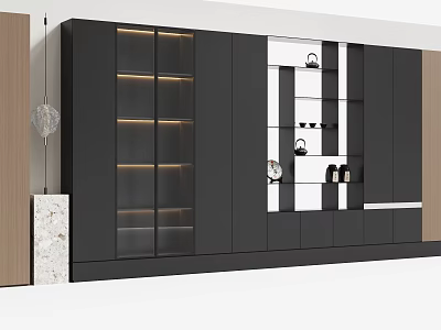 Modern Decorative Cabinet With Black And White Glass Doors And Layered Design 3d model