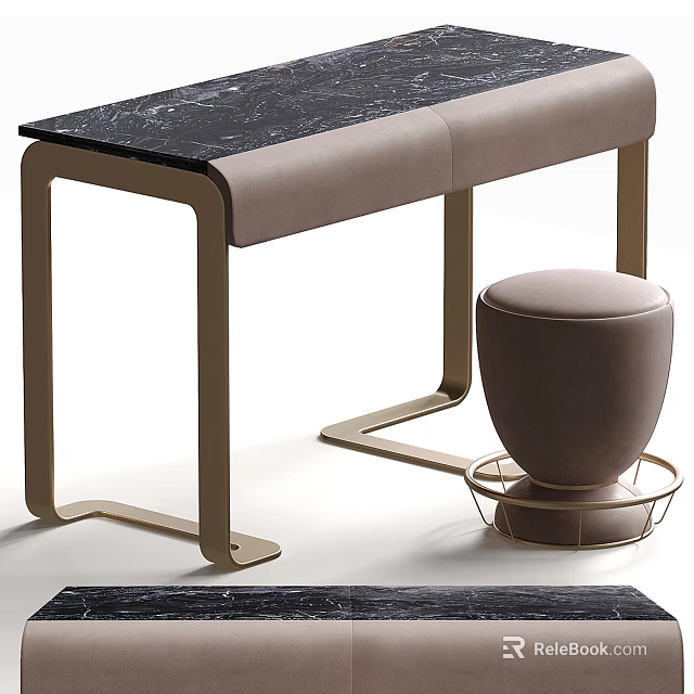 Modern Dressing Table with Black Marble Top Gold Metal Frame and Beige Padded Stool 3d model 