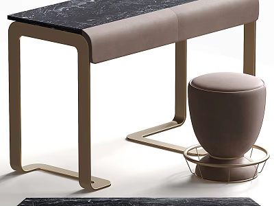 Modern Dressing Table with Black Marble Top Gold Metal Frame and Beige Padded Stool 3d model