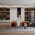 Elegant Modern Restaurant Interior Design With Wine Cabinets Dining Table And Pendant Lights 3d model