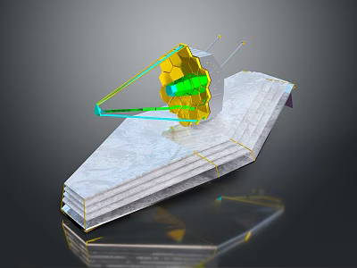 Golden Hexagonal Technological Device With Green Lens On White Folded Platform 3d model