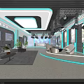 Modern School Interior Space With Blue Lighting Sofa Round Seats Large Screens And Green Plants
