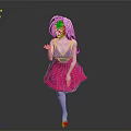 3D Female Character With White Hair Purple Top And Pink Skirt Against Gray Background