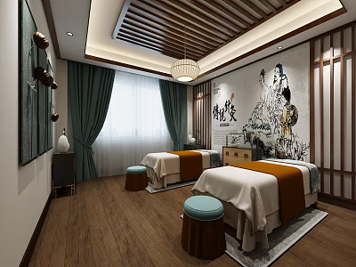 Serene SPA Sauna Room Interior With Two Massage Beds Orange Towels And Chinese Ink Painting 3d model