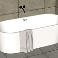 Modern White Bathtub Interior With Gray Tile Wall Brown Towel And Faucet