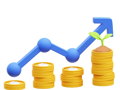 Modern Decorative Ornament Set With Blue Upward Arrow Gold Coin Stacks And Sprouting Plant 3d model