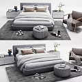 Cozy Grey Double Bed With Soft Bedding Pillows Bedside Tables Stool Rug And Chair